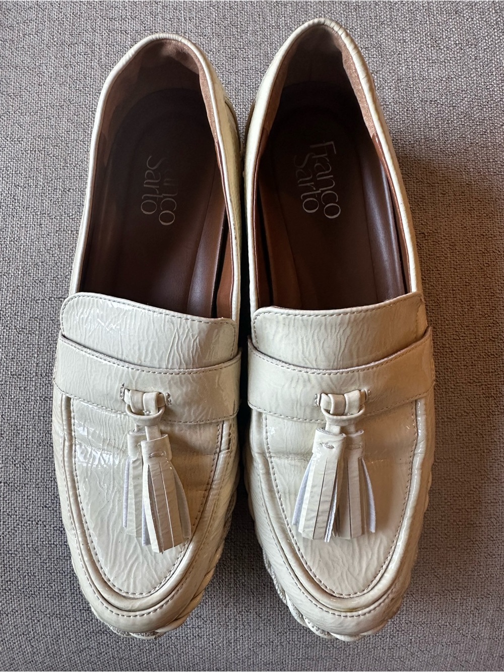Franco Sarto Cream Patent Faux Leather Tassel Loafers Size 8.5